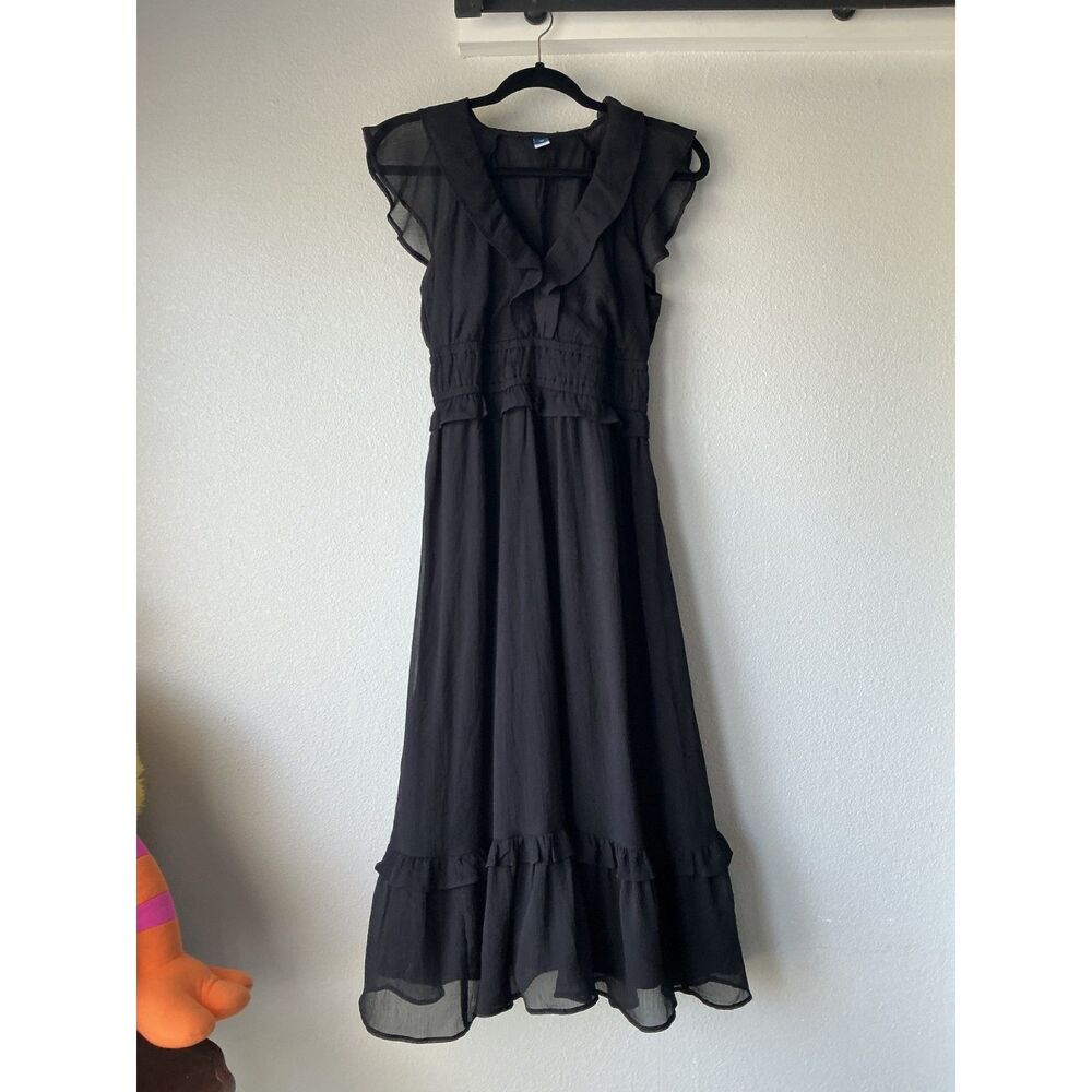 Black Ruffle Midi Dress Size XS Flutter Sleeve Smocked Waist Coquette Prairie